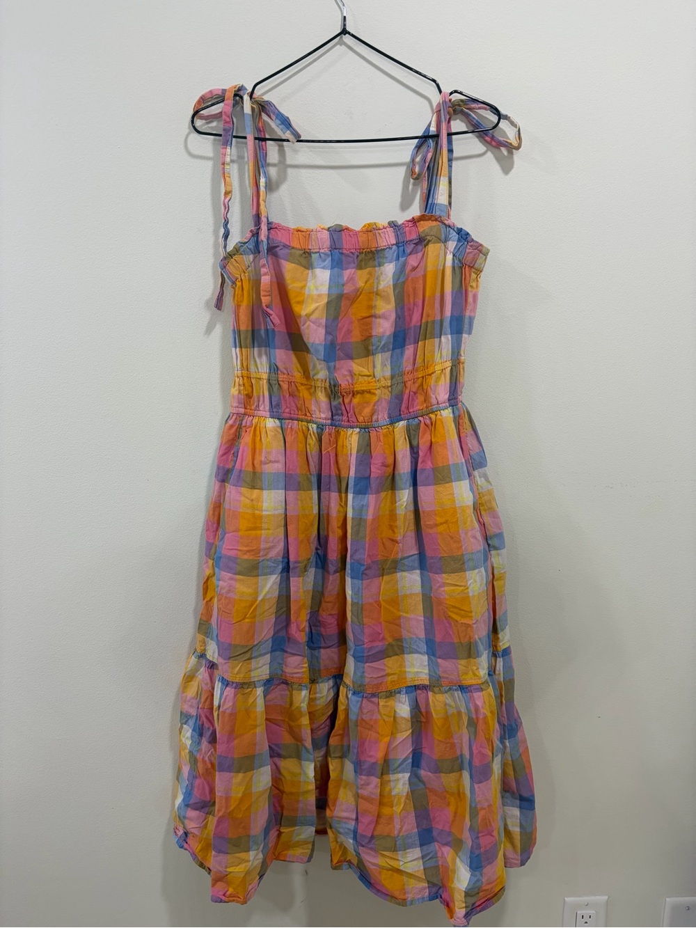 Tiered Tie-Shoulder Plaid Midi Dress in Yellow, Pink & Blue
